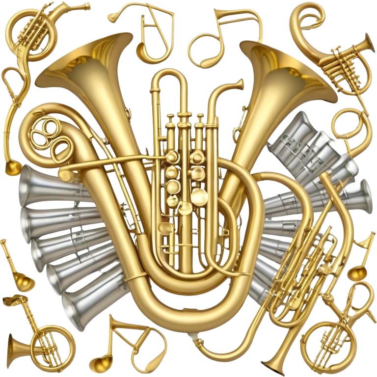 Create a festive and elegant emoji collage featuring a bouquet or fan of bells of wind instrument  (trumpets, saxophones, trombones, tubes, etc.) arranged in a radiant, symmetrical pattern. The instruments should have polished, golden and silver finishes, with their large, shiny bells forming a beautiful, fan-like display. Include a flowing ribbon of musical notes swirling through the center, conveying movement and melody. The background should feature a deep red velvet texture, adding a touch of luxury and sophistication. The overall composition should be balanced, with an elegant and regal feel, with a transparent background to keep focus on the instruments and musical elements. emoji