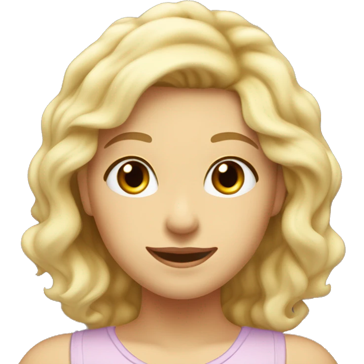 Hair: Blonde, wavy, voluminous.
Eyes: Dark brown, large, friendly.
Expression: Cheerful smile.
Face shape: Round with full cheeks.
Skin tone: Fair and glowing.
Clothing: Simple light-colored top. emoji