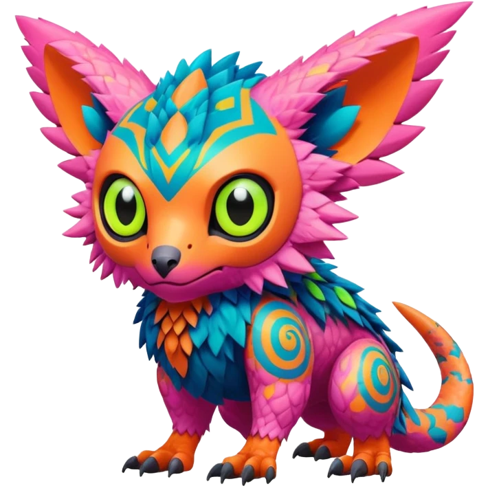 Tropical lush warm-colored modern colorful neon-colored cyber-Fakémon-Digimon-Trico-creature emoji