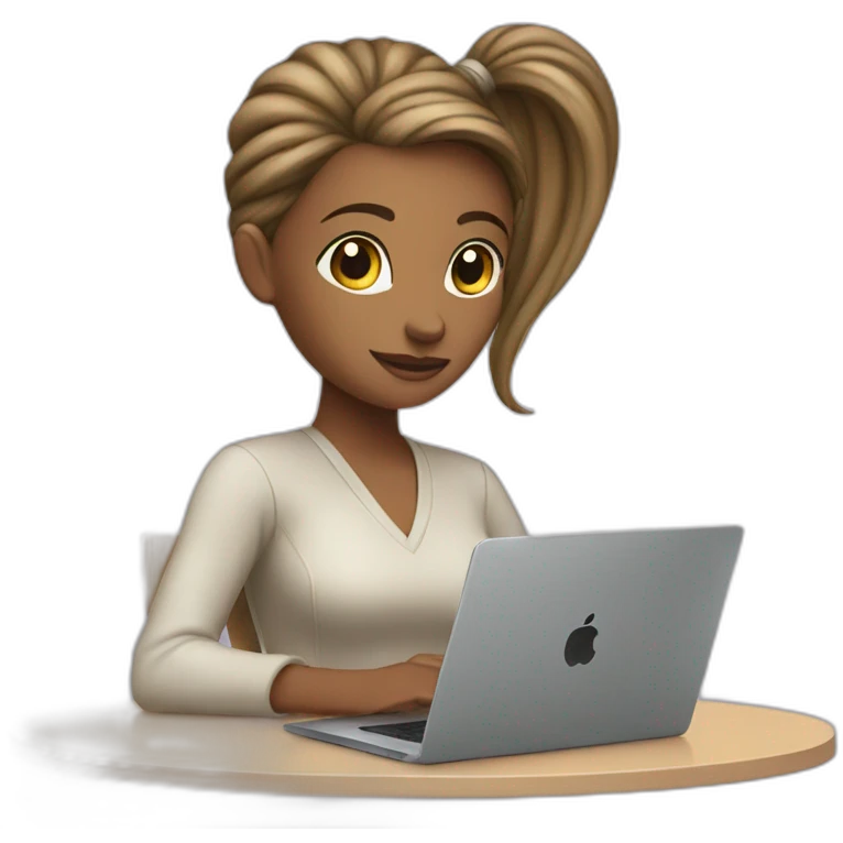 Woman with ponytail sitting at table with Apple laptop emoji