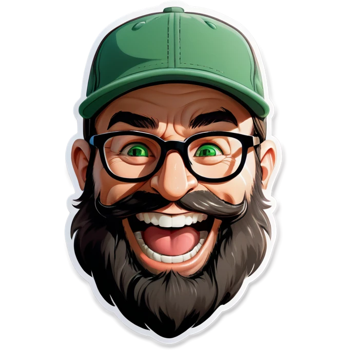 A man with a grey baseball cap, green eyes, big dark brown beard and glasses, laughing out loud  emoji