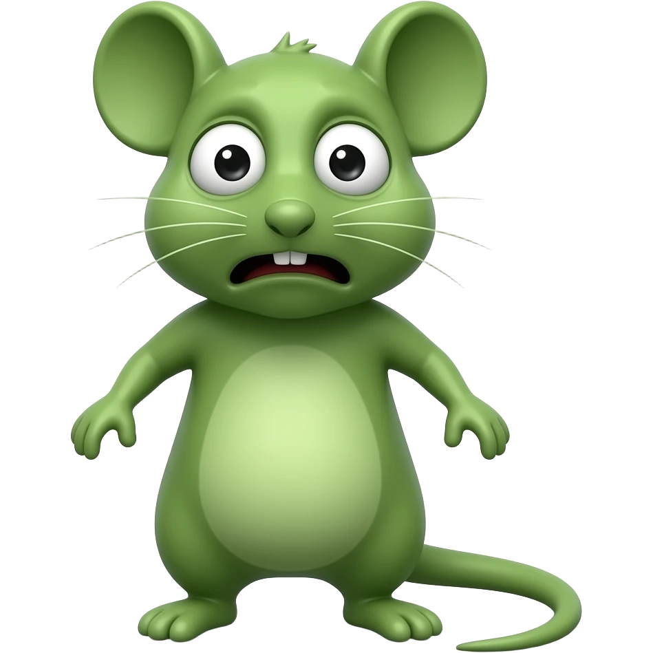 A little green mouse standing upright, with arms and legs that look like those of a little person, staring at us with revolting and nauseating face on its face. He's going to throw up .The mouse’s body is entirely green. emoji