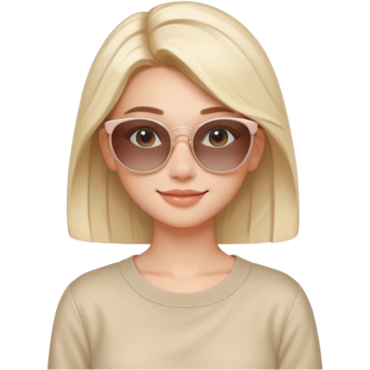 Clean girl influencer character, chest-up portrait, minimal aesthetic, natural glowing skin, soft confident smile, sleek hair, neutral pastel outfit, wearing trendy sunglasses on head, subtle beauty accessories, stylish hair clip, calm luxury vibe, clean modern illustration style emoji