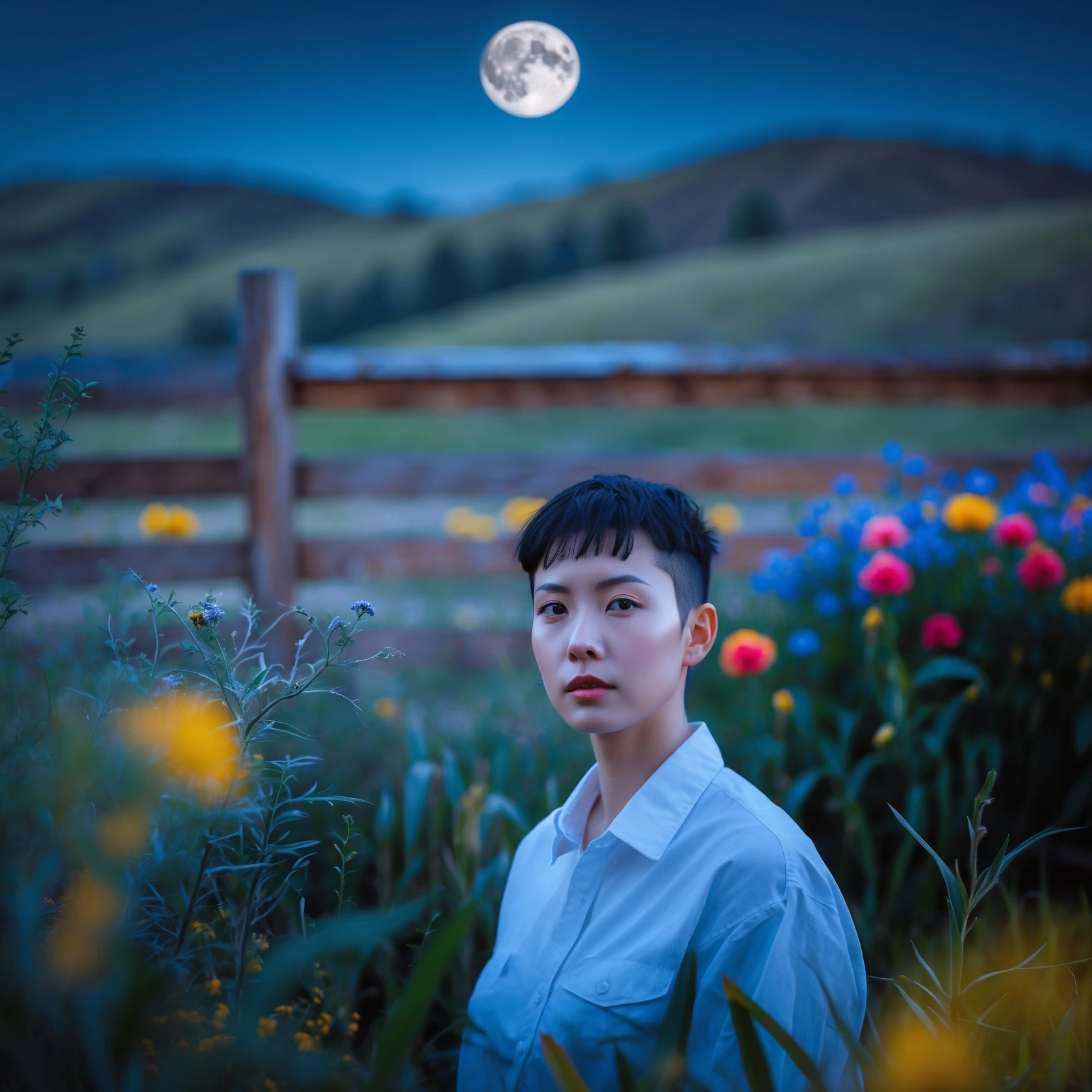 A portrait of a white person in the foreground, blurred plants in the foreground, a wooden fence and colorfull flowers in the midground, rolling hills in the background, cinematic depth of field, layered composition, moon back light (Blue night) emoji