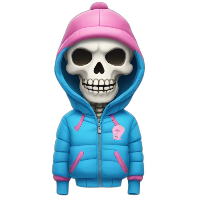 skeleton in a blue winter jacket with pink flip-flops emoji