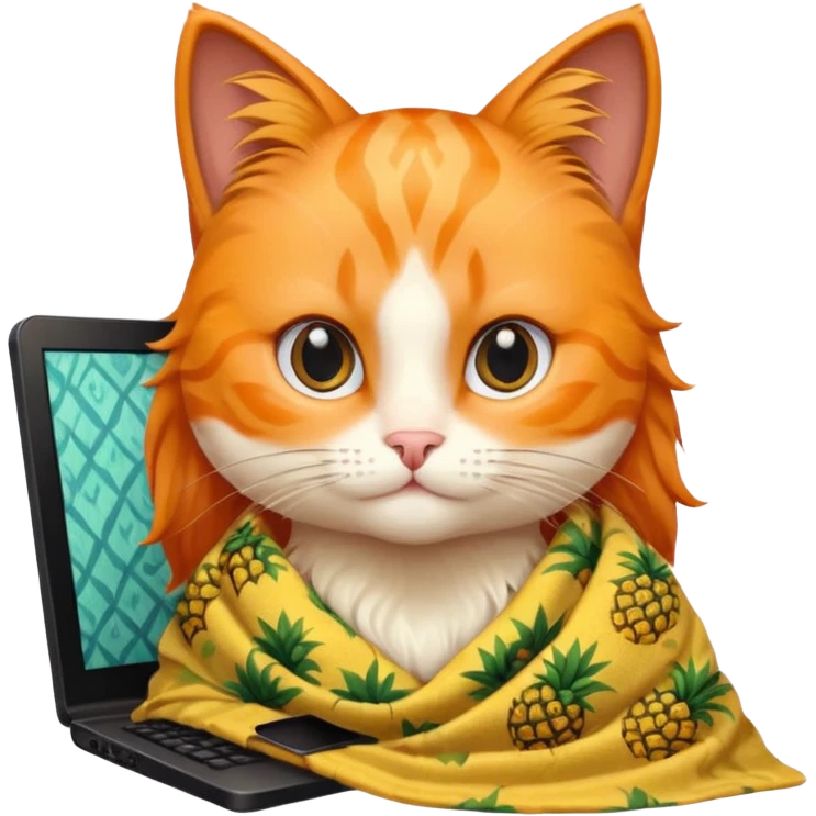 An orange female cat with a computer, with long eyelashes and black wavy hair,
She wears a blanket with pineapple patterns on her body, There's no pineapple emoji