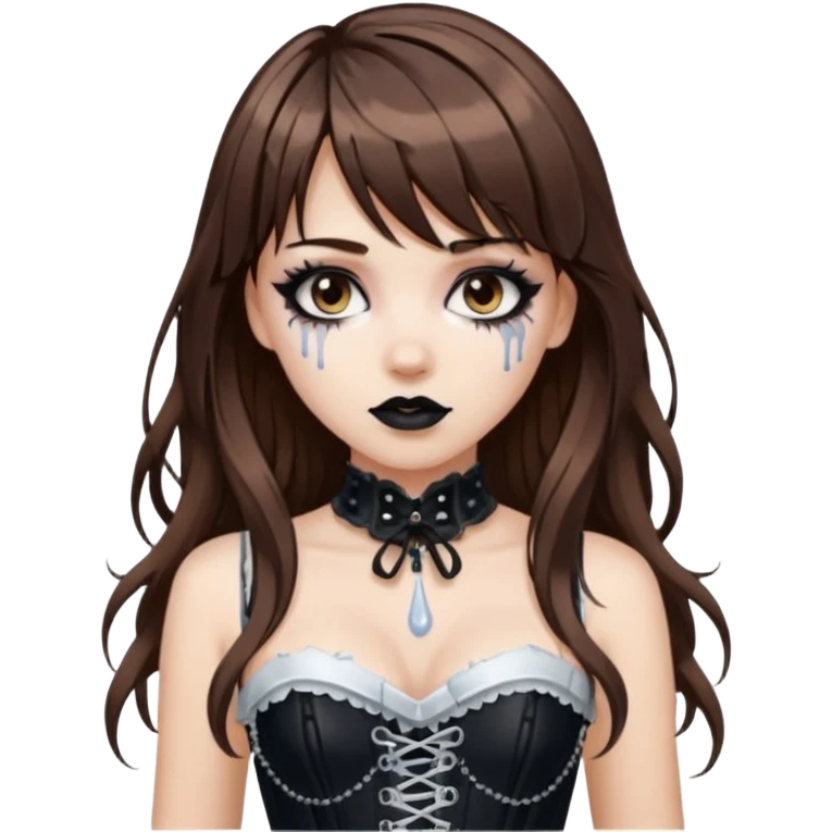 white girl, brown hair, bangs and long hair, dark makeup. Detailed corset top with white paint dripping,  emoji