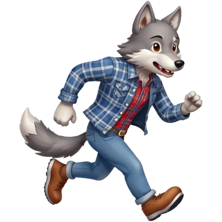friendly anthropomorphised wolf in plaid and jeans running, energetic pose emoji