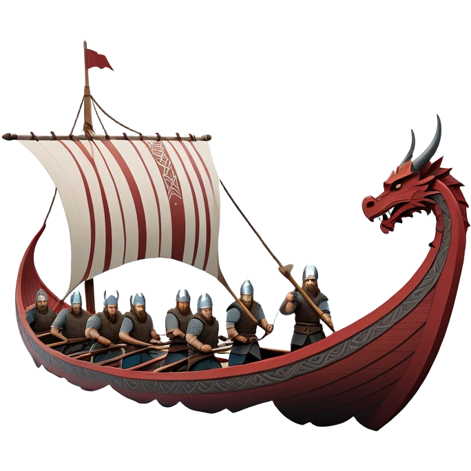 clash-of-clans-aesthetic_-cinematic-viking-longboat, rendered in a flat, bold vector style with minimal shading, featuring a striking dragon-headed prow slicing through icy, churning waters. shields on the side and vikings rowing The longboat’s intricately detailed shields and carved motifs evoke a sense of epic adventure and Nordic might, with billowing sails catching a dramatic, stormy sky backdrop. emoji