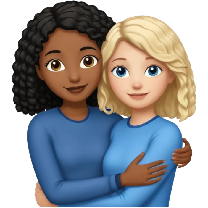 Girl best friends: one taller white girl with straight blond bob and blue eyesone shorter black girl with long black curly hair, hugging emoji