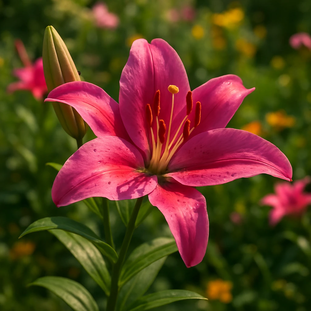 realistic style vibrant pink lily flower blooming in a garden emoji