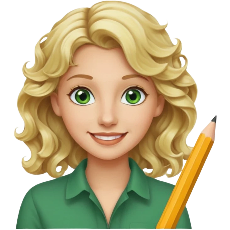 blonde woman, age 25-30, green eyes, wavy hair, pencil behind ear, creative product designer emoji