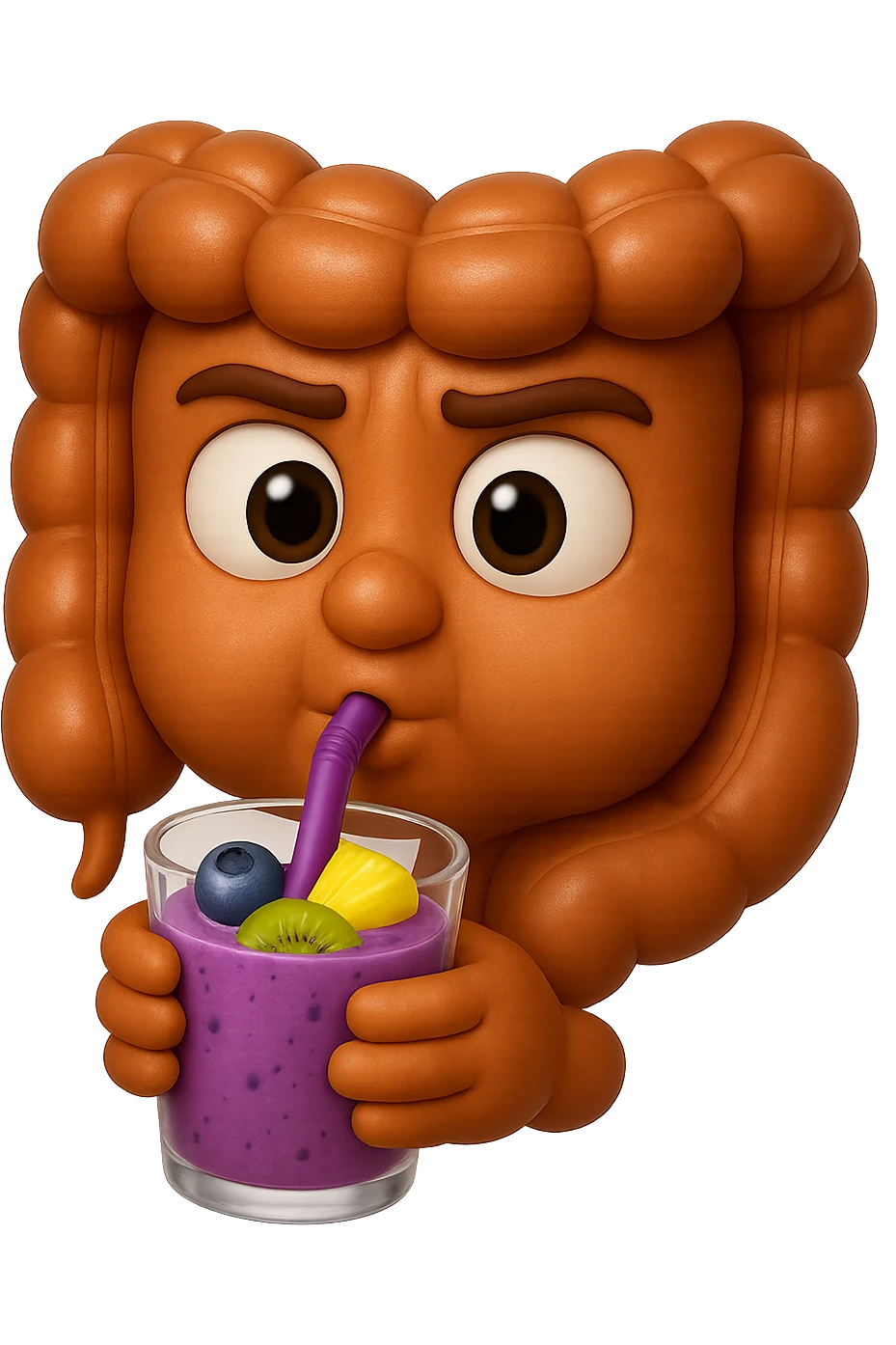 EMOJI STILE IPHONE DI un intestino umano anatomico che beve un frullato di mirtilli, ananas, kiwi, fagli anche la parte bianca degli occhi, non solo le pupille, REALISTICo 4K emoji
