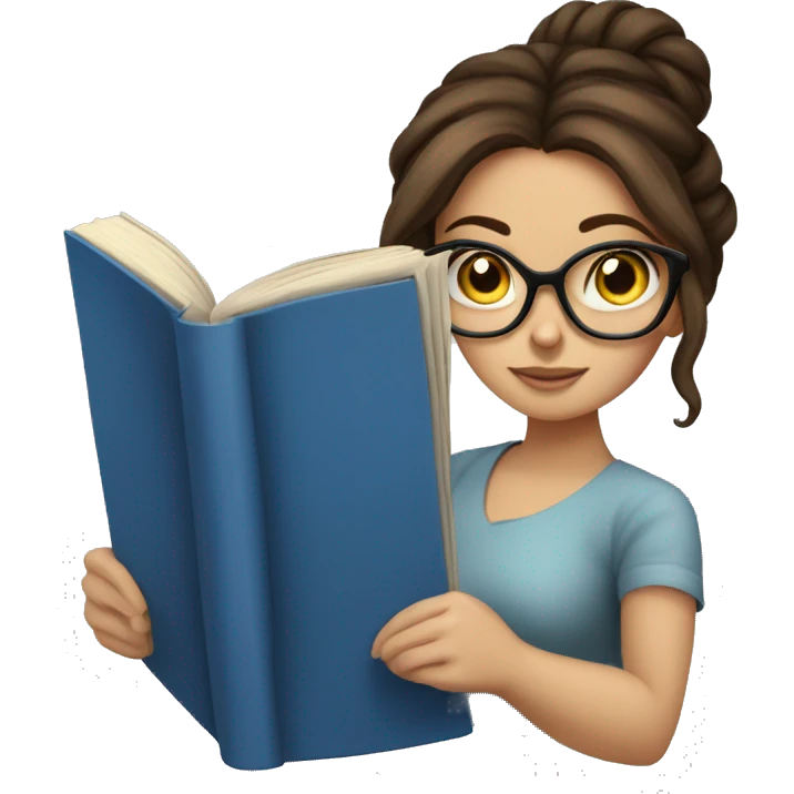 Messy bun brunette haired girl with blue eyes reading a book and wearing glasses  emoji
