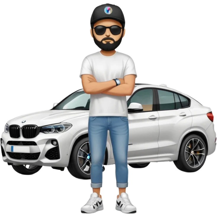 A man with black hair and beard standing next to his silver grey BMW X4 M competition. He has his arms crossed and he is wearing plain tshirt, jeans and sneakers, and sunglasses and a black baseball cap on emoji