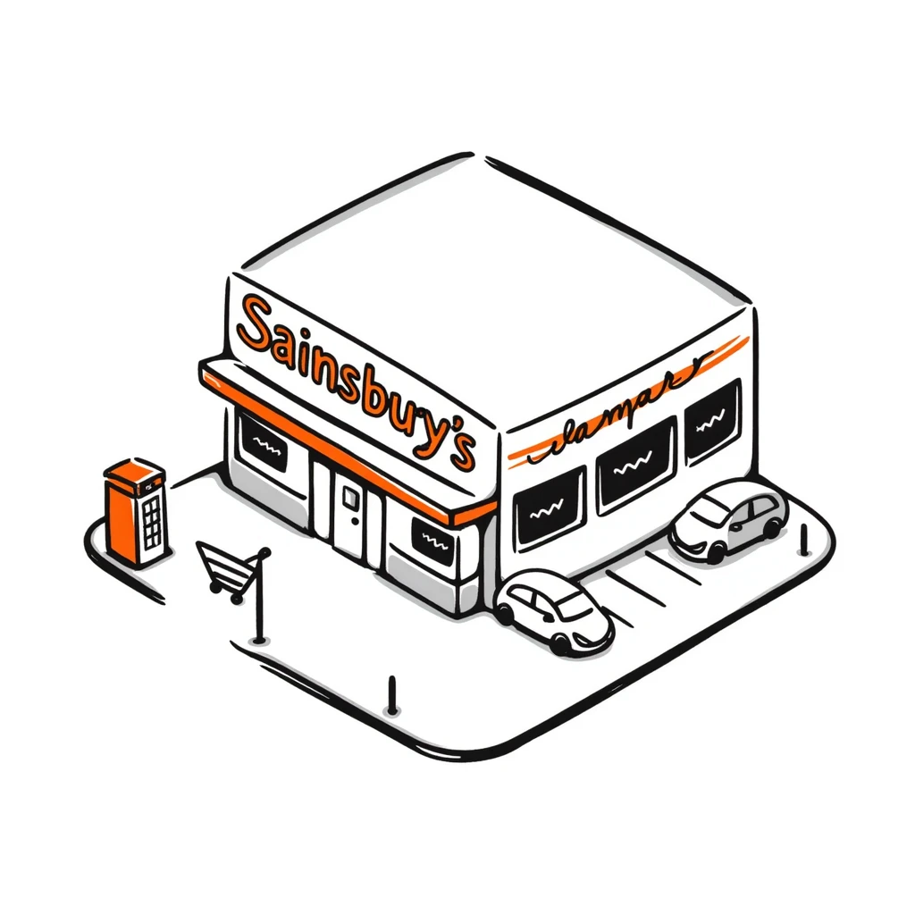 Isometric British Sainsbury's supermarket building with orange signage, car park, shopping trolley bay, and red telephone box nearby emoji