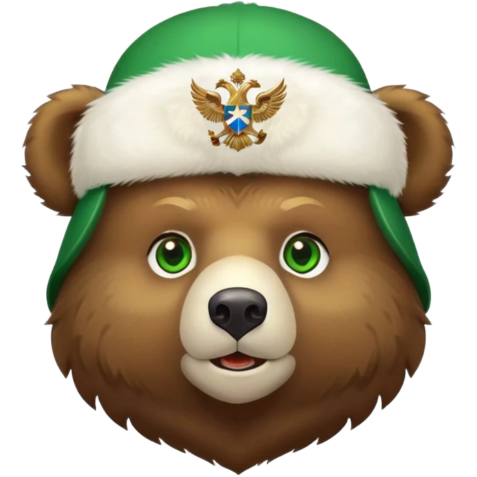 Cute Russian brown bear head with friendly expression and bright green eyes, wearing white furry ushanka hat with realistic double-headed eagle coat of arms centered, iOS emoji style emoji