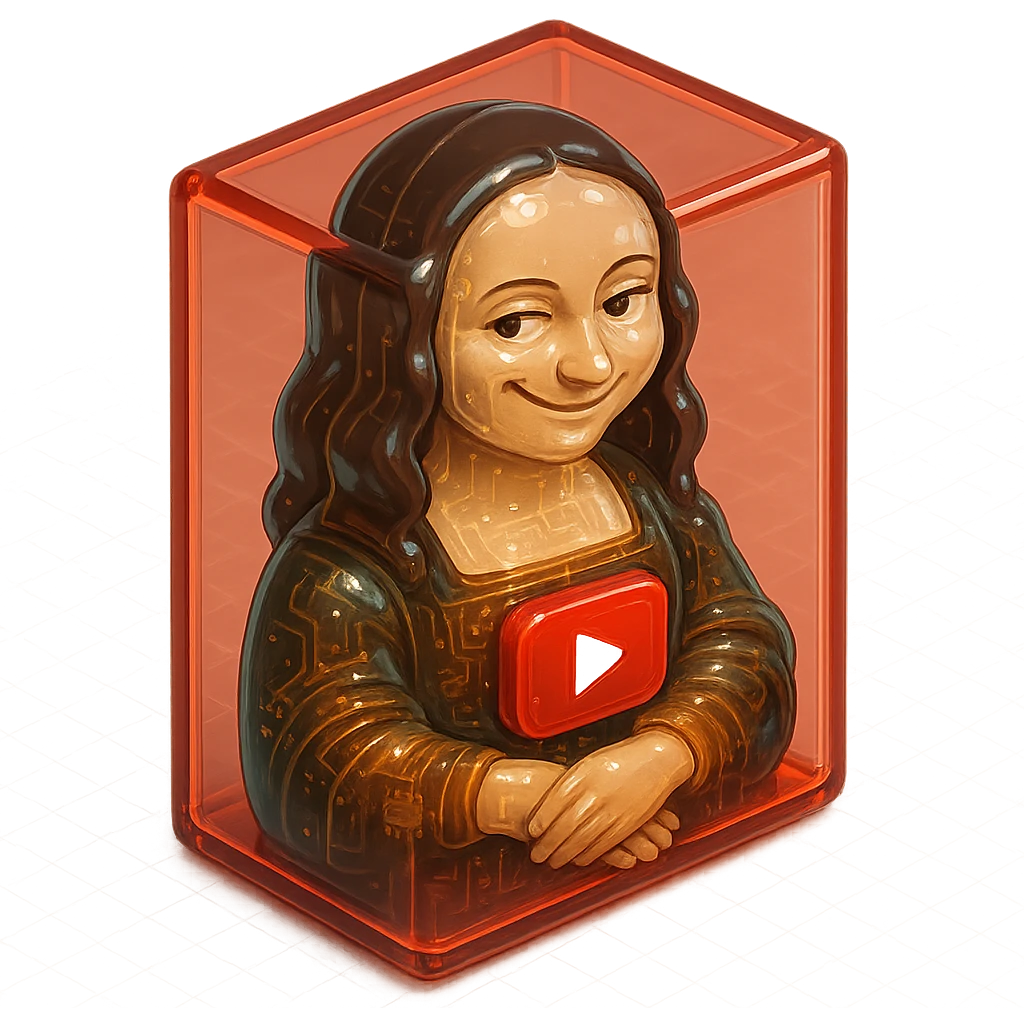 Mona Lisa with a playful sarcastic grin, red YouTube play button, glossy circuit style, in red box emoji