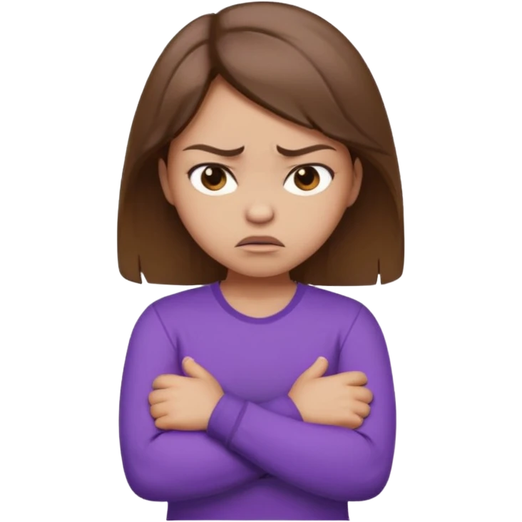 Girl with brown hair crossing arms in front of her chest and making an angry face with a purple longsleeve shirt on and be more pouty make her skin lighter emoji