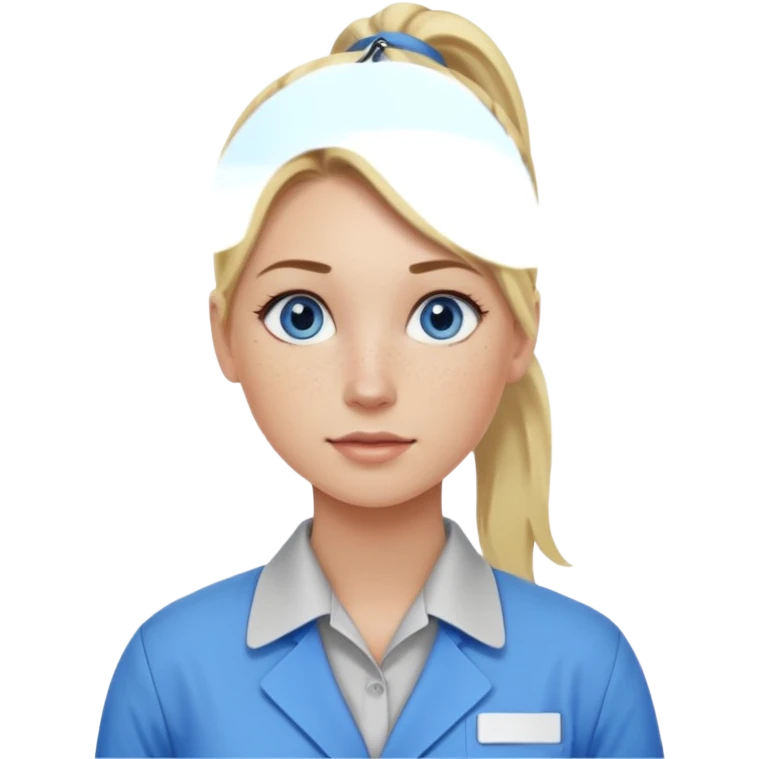 Just a head, blonde hair with lowlights in a ponytail, blue eyes, some freckles, a little older female ready to get some tasks done at work, no body and just one pony high on the back of the heard emoji