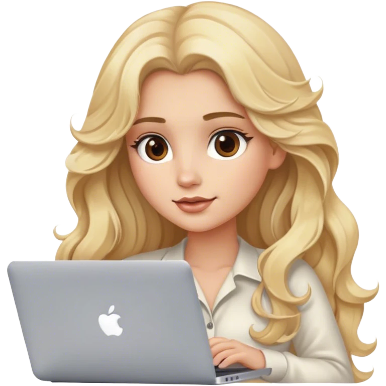 Blonde model with brown eyes, long wavy hair, typing on MacBook  emoji