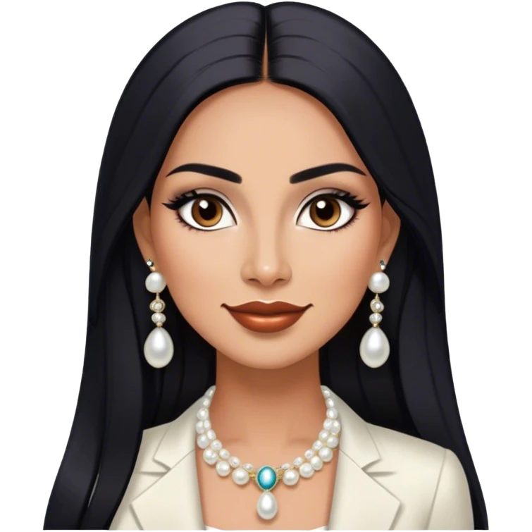 beautiful fit tall woman boss, with long straight black hair, with make up, black eye liner, smile mooth close, mexican, brown skin, wearing beautiful couture outfit and white pearl earings emoji