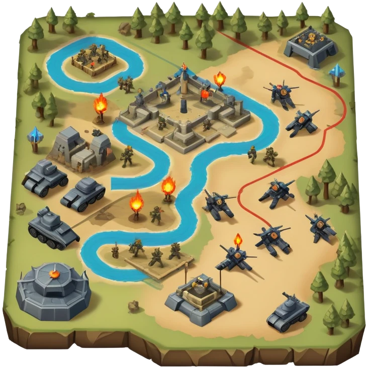 An icon showing a strategic battle scene with a top-down view of an army, inspired by classic strategy games. The interface displays unit icons, a minimap, and resource counters. Soldiers and siege weapons engage in combat on detailed terrain. Transparent background. emoji