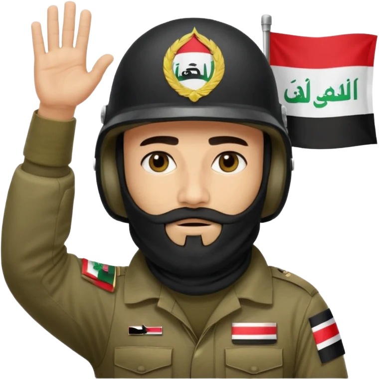 surrenders, depicts an Iraqi soldier from 1980, with a beard, in a helmet, a helmet with sign flag Iraq, with a balaclava, with sad eyes and both hands raised up emoji
