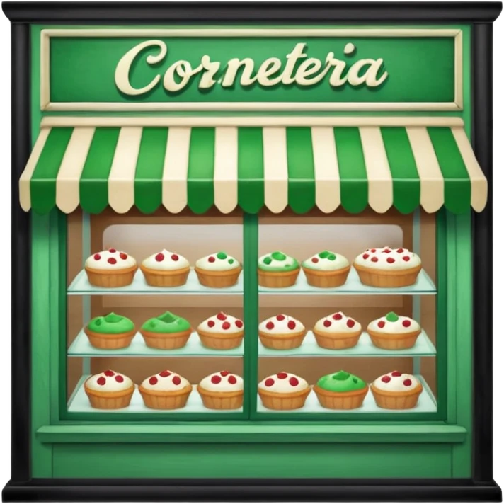 The image shows the front window of a bakery named "Cornetteria". The window is framed by a green wooden frame and has a sign above it that reads "CORNETTERIA".  emoji