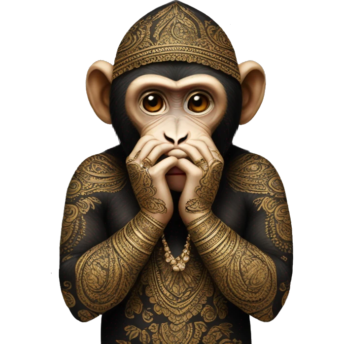 monkey covering its face with its hands - it should also be wearing a black headscarf and black clothing on arms and its hands should have mehndi on them emoji