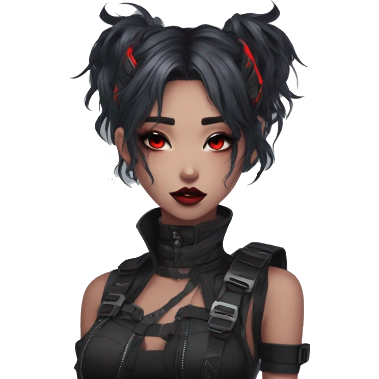 Gorgeous futuristic gothic techwear anime style lady with blushing face aesthetic and pretty edgy black red punk messy wild cute hair with collar and harness trending style emoji