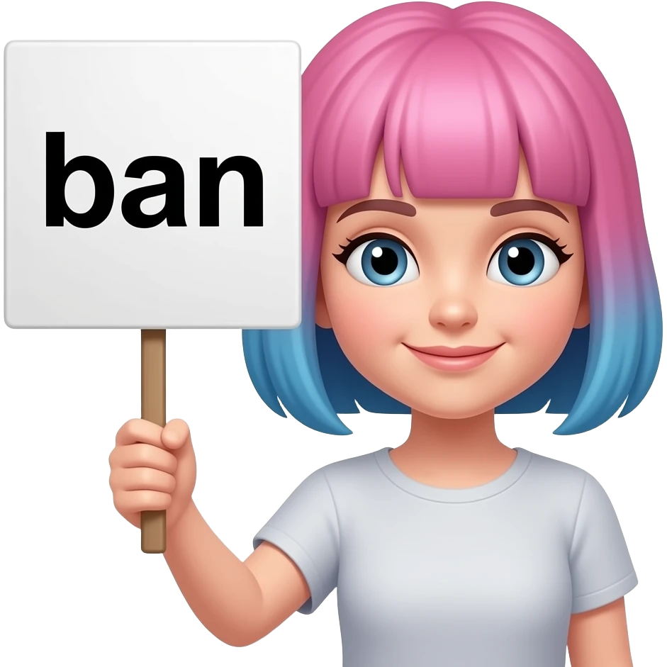 Can you make a girl that has pink and blue hair with a sign that says ban emoji