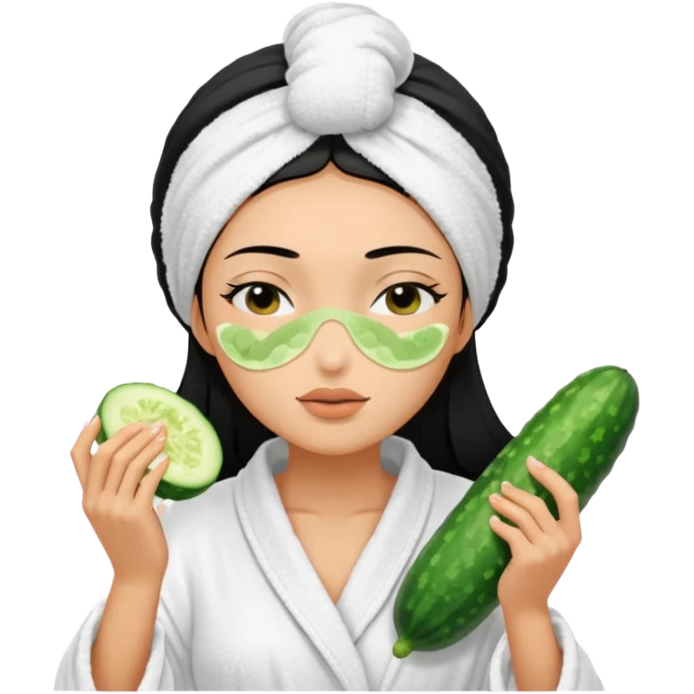 woman with black hair in bath robe with towel on head, cucumber slices covering closed eyes, facial mask on face emoji