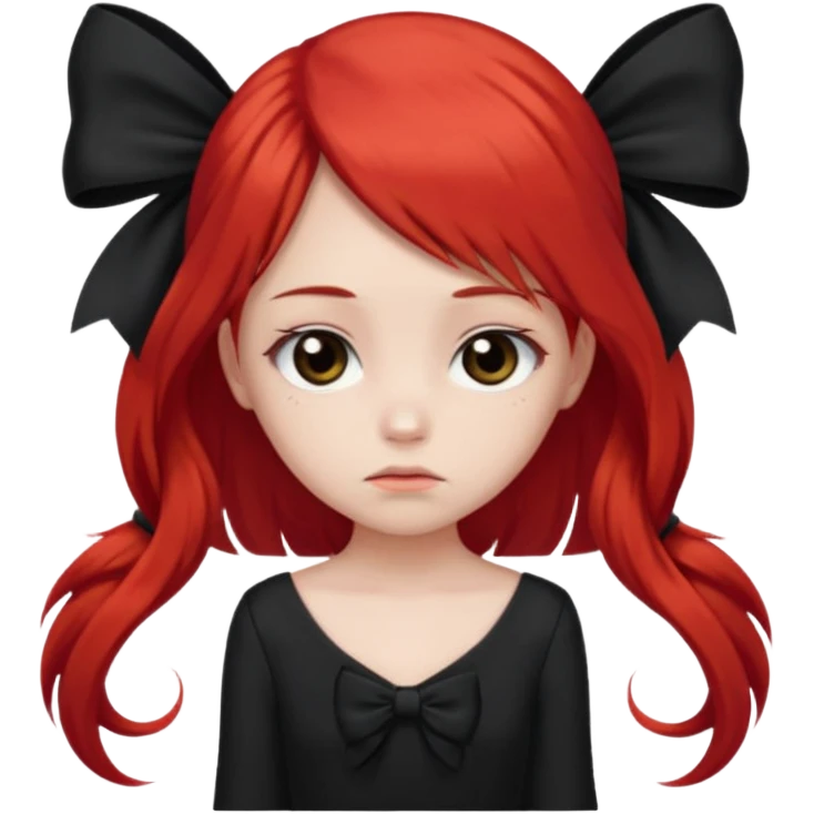 red long twin tail hair girl with black bow on her hair wearing black dress with a sad face emoji