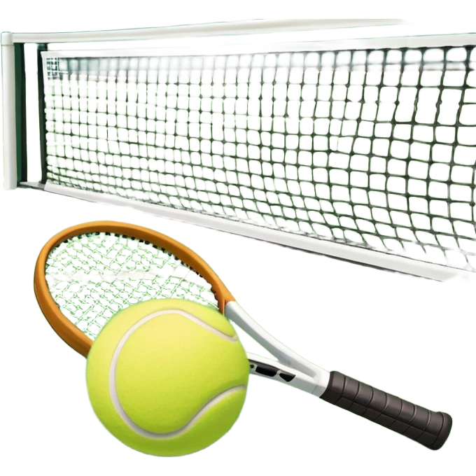 A tennis racket and a ball placed on the ground, with a tennis court in the background. The court lines and net are visible, emphasizing the structure and focus of the sport, creating a dynamic and energetic vibe. emoji