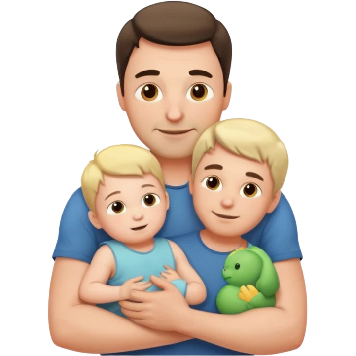 The father stands under the soft sunlight, his strong arms holding his child close to his chest, his gentle face glowing with a warm smile. emoji