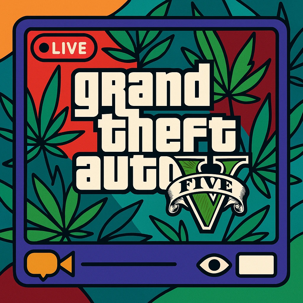 stylized GTA V logo with a streaming overlay and cannabis leaves in the background emoji
