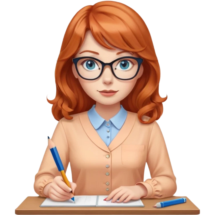 redheaded woman with long wavy hair and bangs, blue eyes, cat-eye glasses, wearing a pencil skirt and apricot blouse, holding a pencil emoji