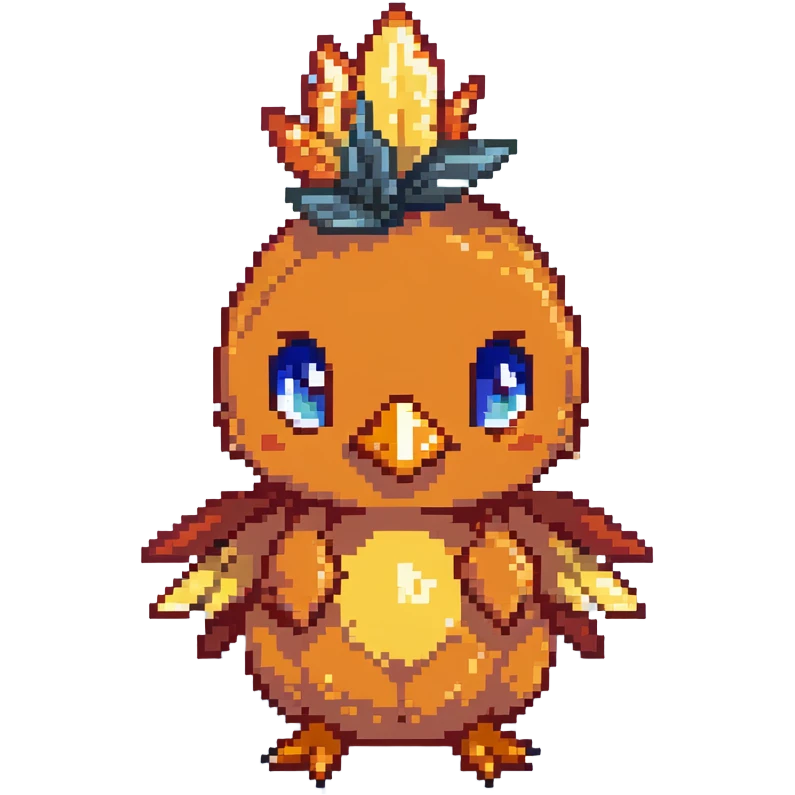 Torchic, the small orange fire-type chick Pokémon with yellow feathers on head and small beak emoji