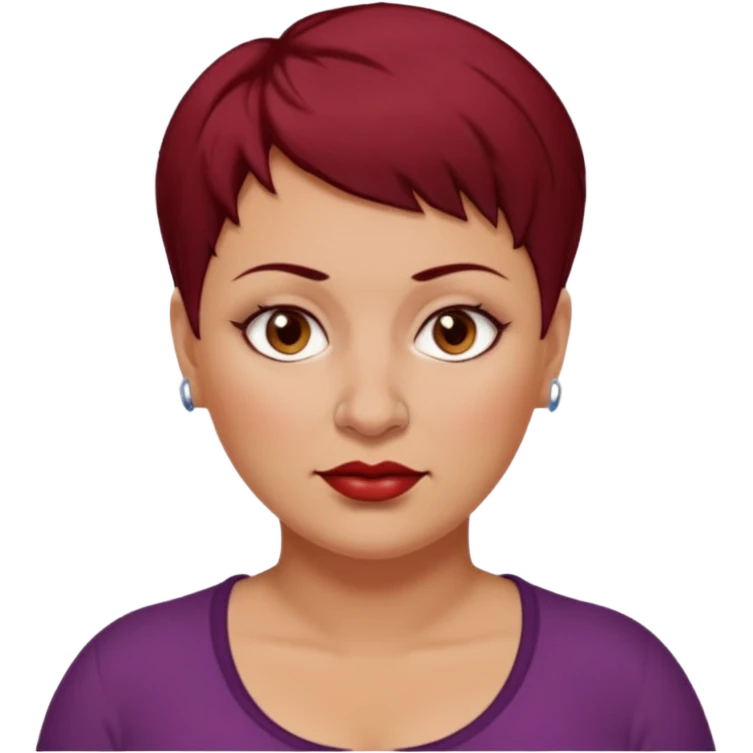 femme 40 ans, cheveux très court rouge foncé piercing sur le nez yeux marrons, surpoids emoji