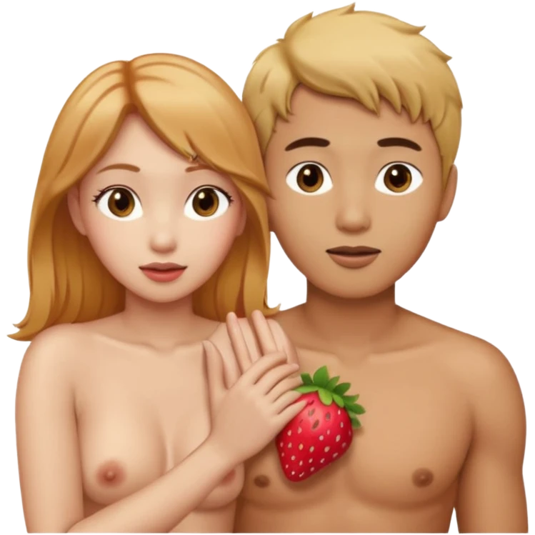 Nude light-skinned Skinned female with  strawberry-blonde hair is touching the penis of tan-skinned asian male emoji