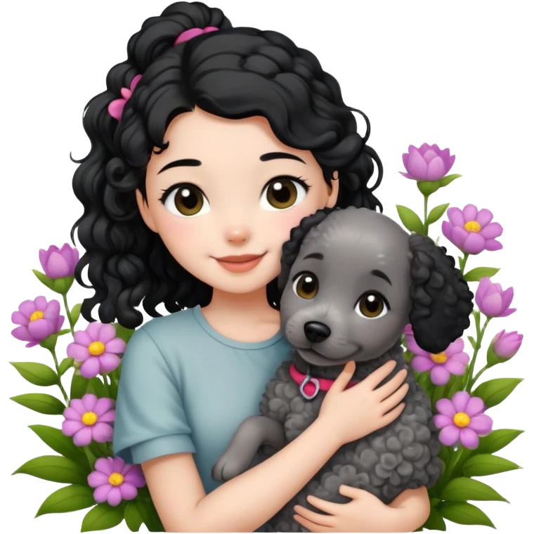 A beautiful girl with black ponytail and wearing short sleeves happily hugs a gray curly dog ​​in the flowers emoji