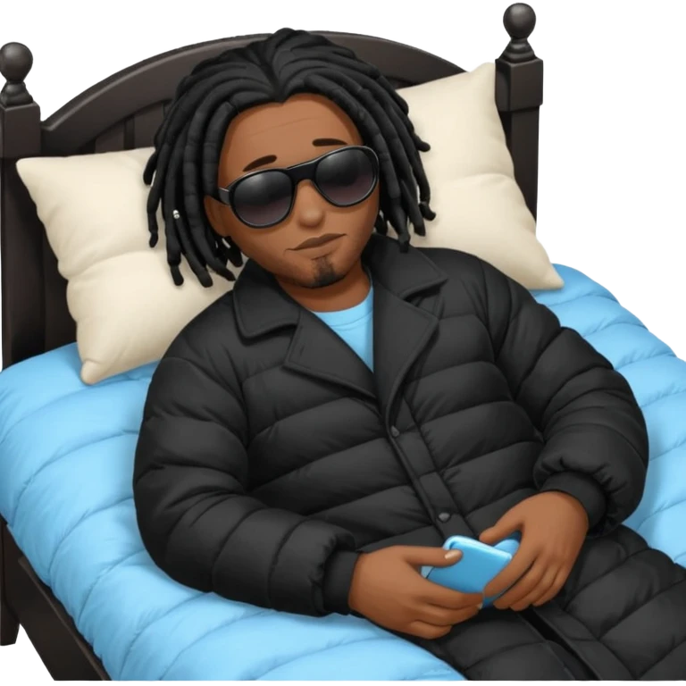 African American man with shoulder length black dreadlocks wearing black sunglasses with black bubble winter coat sleeping in bed emoji