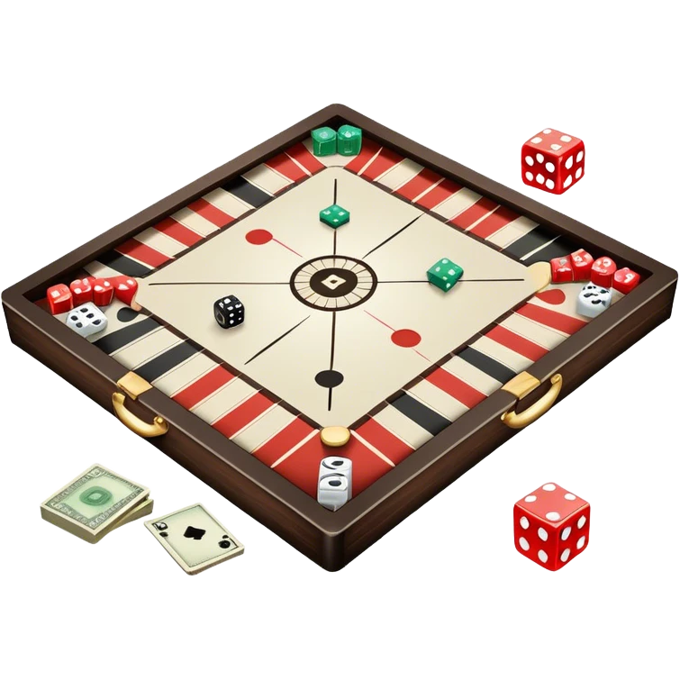 A photorealistic icon featuring a backgammon board with dice, a Monopoly board with money and property cards and a Game of Life spinner. The design captures the detailed textures of the boards, pieces, and accessories. Transparent background. emoji