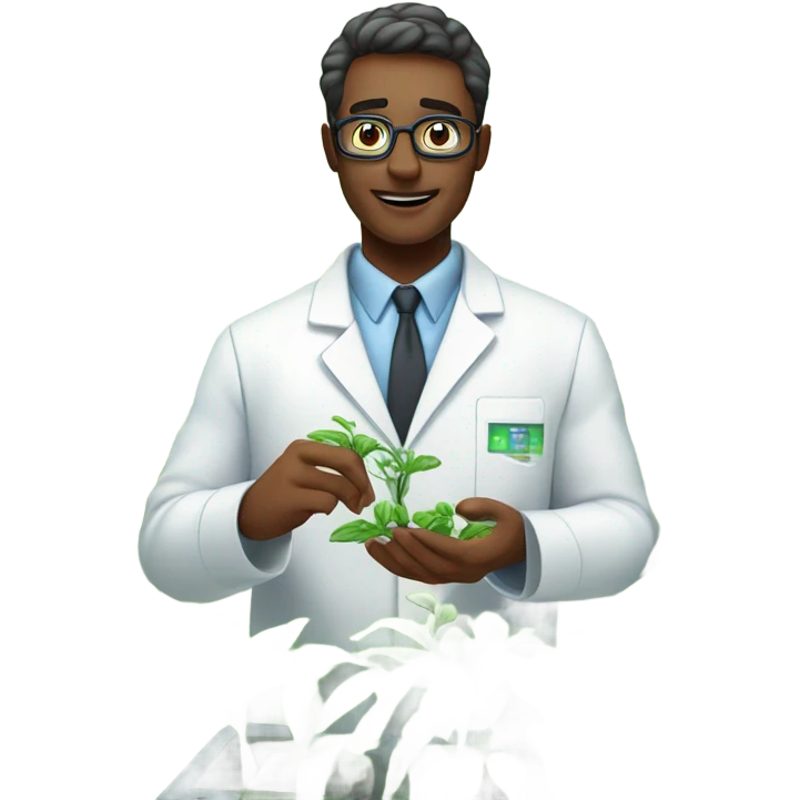 biotech engineer, plants, cyborg scientist, lab coat, close up emoji