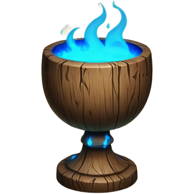 A magical goblet, large and imposing, made of aged wood with a smooth surface. It emits a bright blue glow, with magical flames dancing inside, symbolizing its power and mystery. emoji