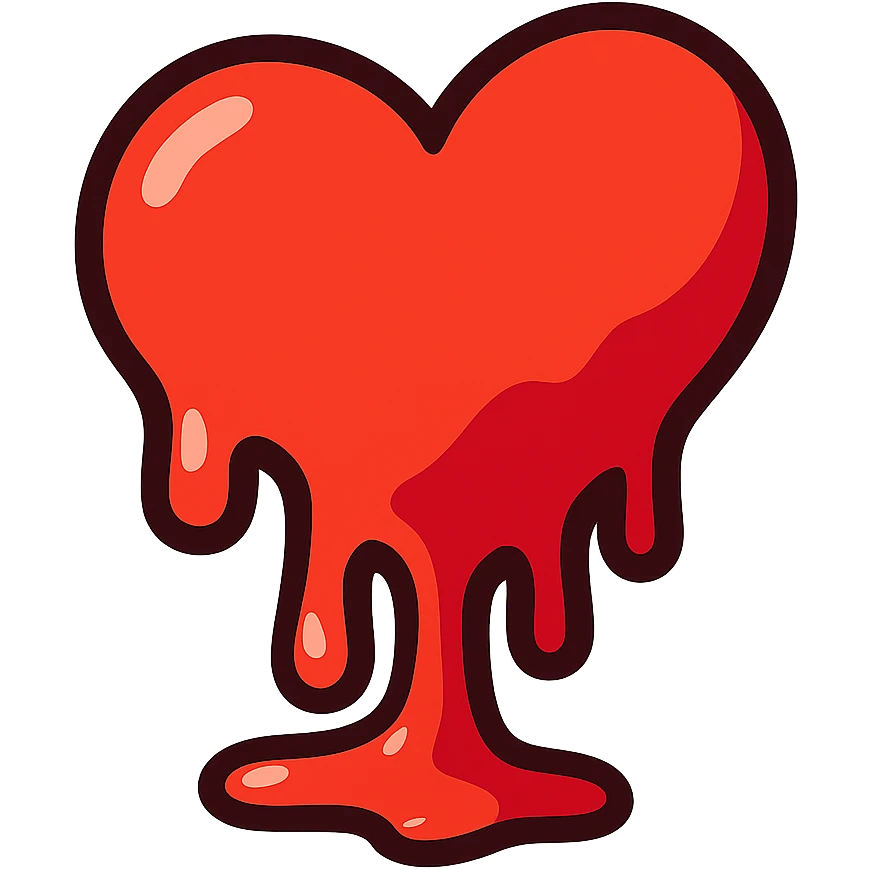 Make the heart faceless, skew the heart to the right, and give it a melting effect similar to the melting face emoji reference. Keep the style consistent with the original vibrant toon style, with no background. emoji
