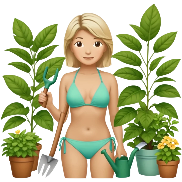 Martha Stewart in bikini gardening with plants emoji