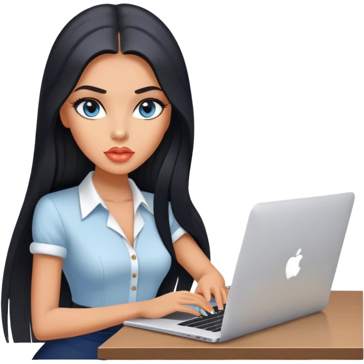 Glamours tanned very beautiful girl with pump peach lips and black straight smooth long hair, blue-grey eyes with MacBook in the office emoji