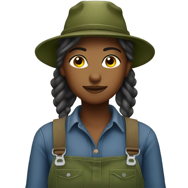 farmer girl in overalls wearing a camo hat emoji